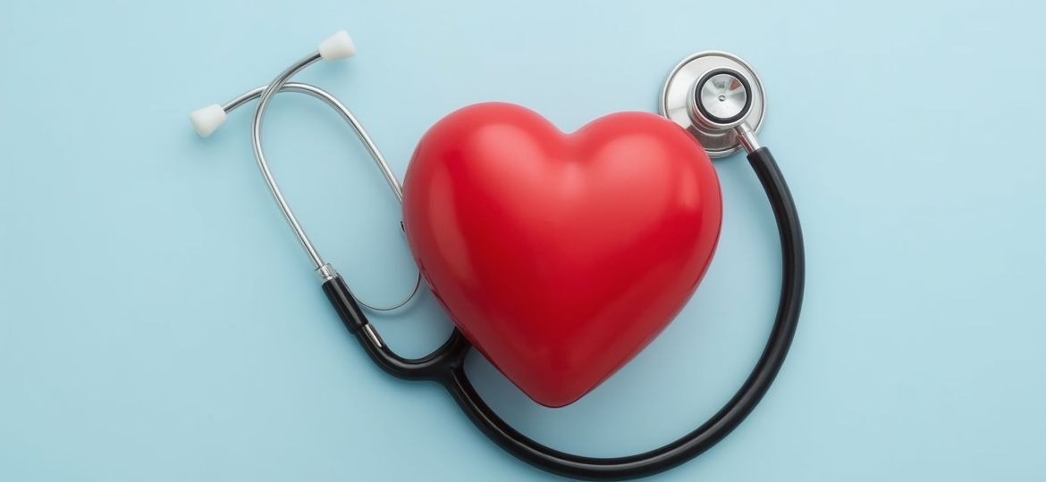 Heart Checkup: A conceptual close-up, top-down composition displays a red heart encircled by a stethoscope, signifying health and medical care on a blue background.