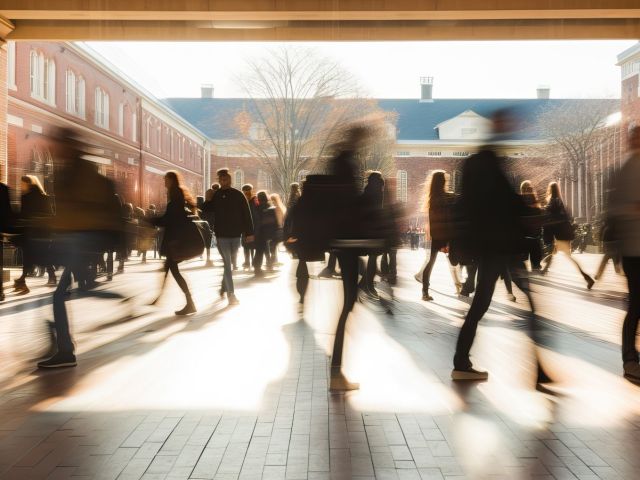 Crowd of students walking through a college campus on a sunny day, motion blur