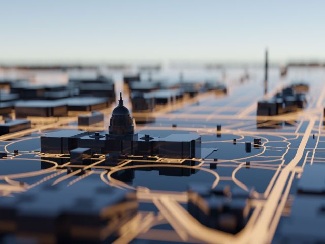 Washington DC hi-tech smart city background. 3D rendering.