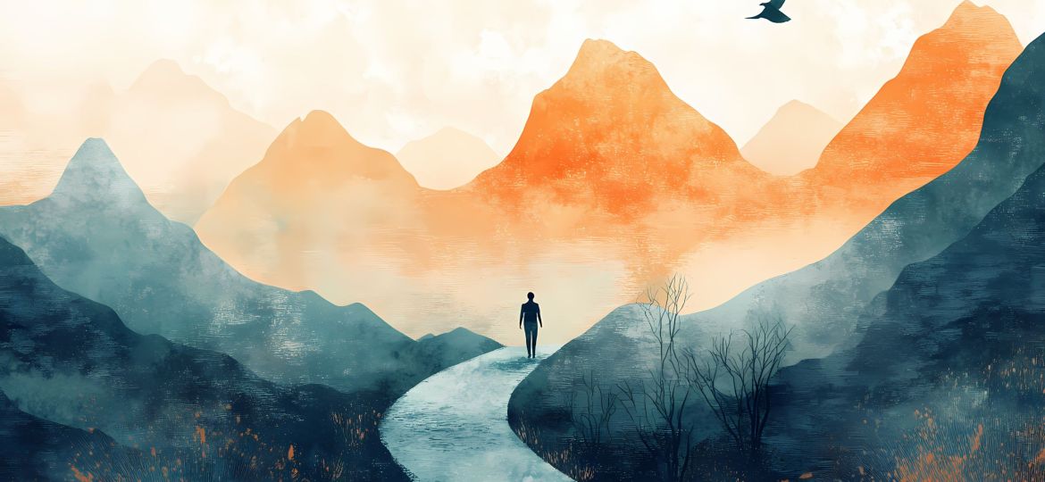 Symbolic representation of the journey from trauma to healing struggle and resilience illustrated. Journey - Path. Illustration
