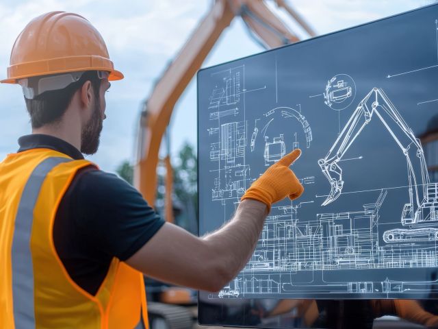 Construction Technology - A futuristic construction site utilizing AI, robotics, and sustainable building techniques.
