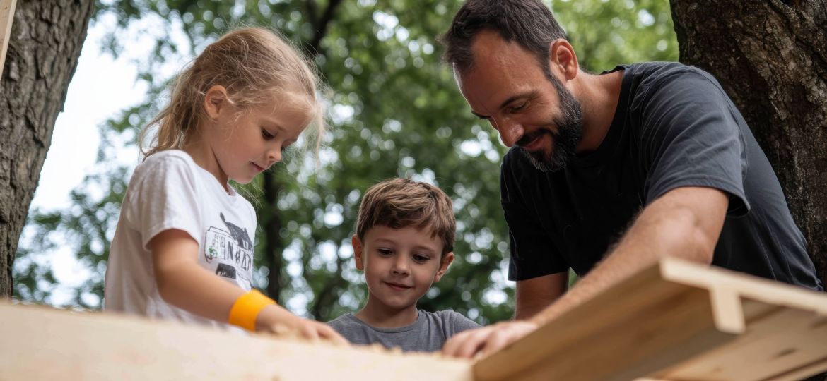 A father and his two children work on building a treehouse, surrounded by greenery, fostering teamwork, creativity, and family bonding.