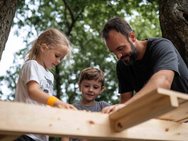 A father and his two children work on building a treehouse, surrounded by greenery, fostering teamwork, creativity, and family bonding.